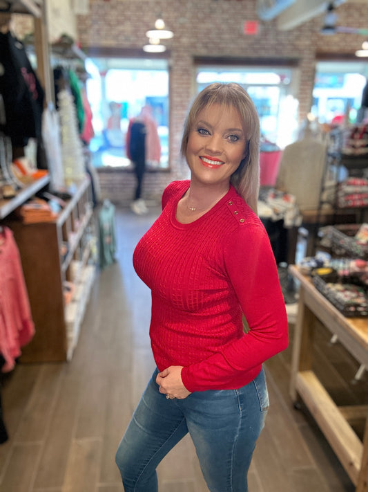 Red Cable Twist Sweater with Button Detail