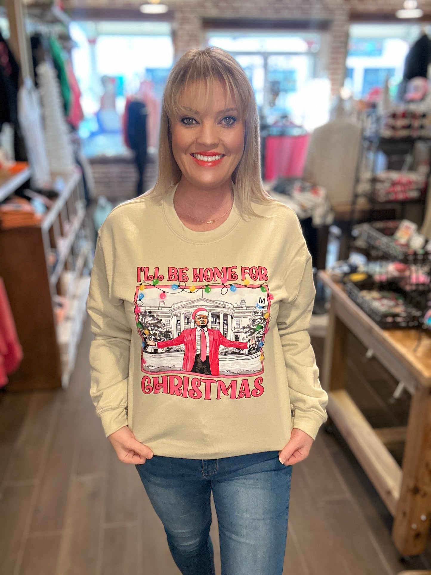 Trump I'll Be Home for Christmas Tan Sweatshirt